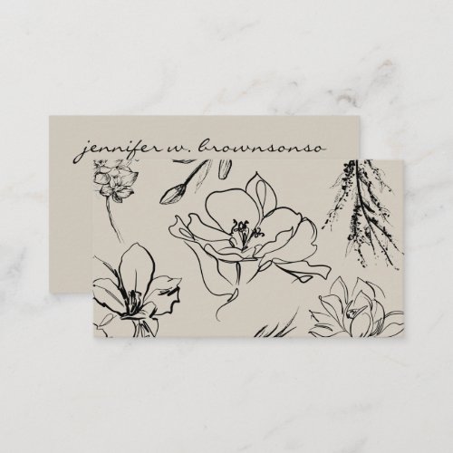 Flowers Sketch Beige Script Signature Classy Business Card