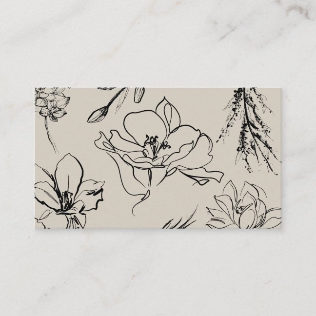 Flowers Sketch Beige Script Signature Classy Business Card