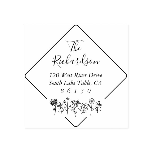Flowers Sketch Diamond Return Address Self-inking Rubber Stamp (Imprint)