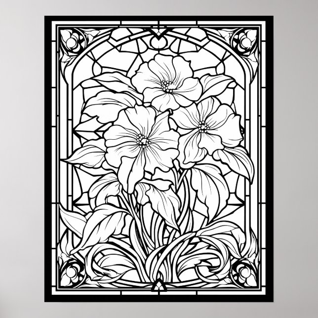 Flowers Stained Glass Window Coloring Poster (Front)