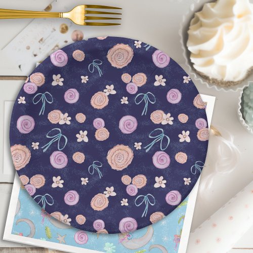 Flowers Stars Bows Navy Peach Cottage Baby Shower Paper Plates