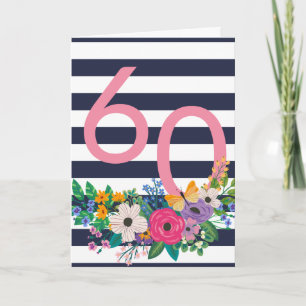 Flowers & Stripes Pink 60 Happy Birthday Card
