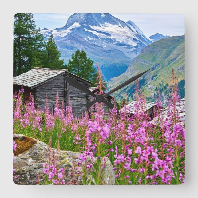 Flowers | Summer Matterhorn Switzerland Square Wall Clock (Front)