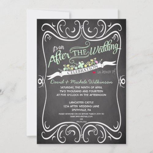 Flowers &amp; Swirls Chalkboard Post Wedding Invite