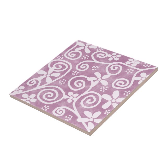 Flowers Swirls Dusty Pink White Pattern Whimsical Ceramic Tile (Side)