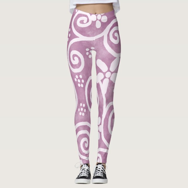 Flowers Swirls Dusty Pink White Pattern Whimsical Leggings (Front)
