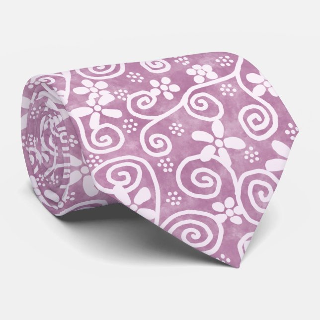 Flowers Swirls Dusty Pink White Pattern Whimsical Neck Tie (Rolled)