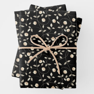 Flowers Swirls Leaves on Black Wrapping Paper Sheets
