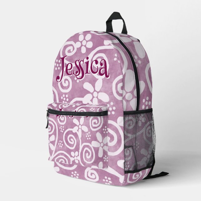 Flowers Swirls Pink White Pattern Personalized Printed Backpack (Back Corner Right)