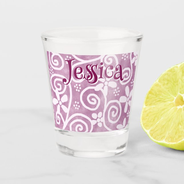 Flowers Swirls Pink White Pattern Personalized Shot Glass (Front)