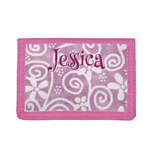 Flowers Swirls Pink White Pattern Personalized Trifold Wallet