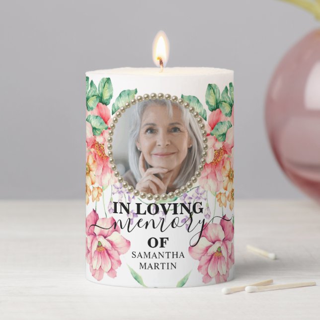 Flowers Sympathy Remembrance Pillar Candle (In Situ)
