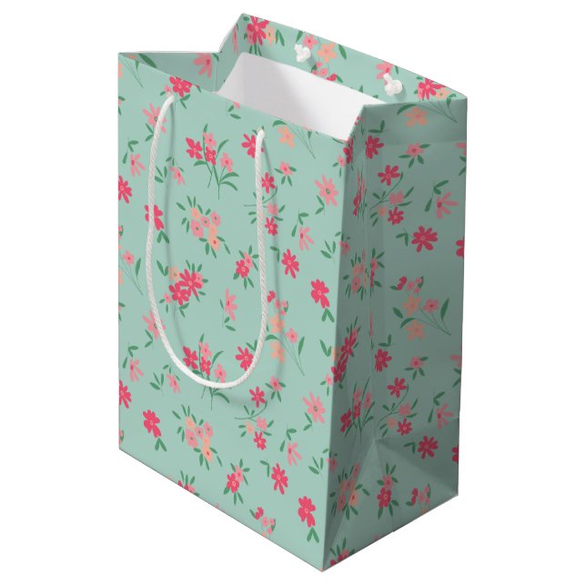 Flowers Teal Pink Dainty Floral Medium Gift Bag (Back Angled)