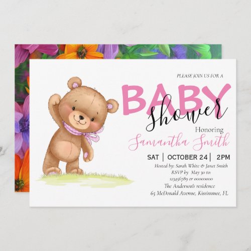 Flowers Teddy Bear Girl Baby Shower Invitations 