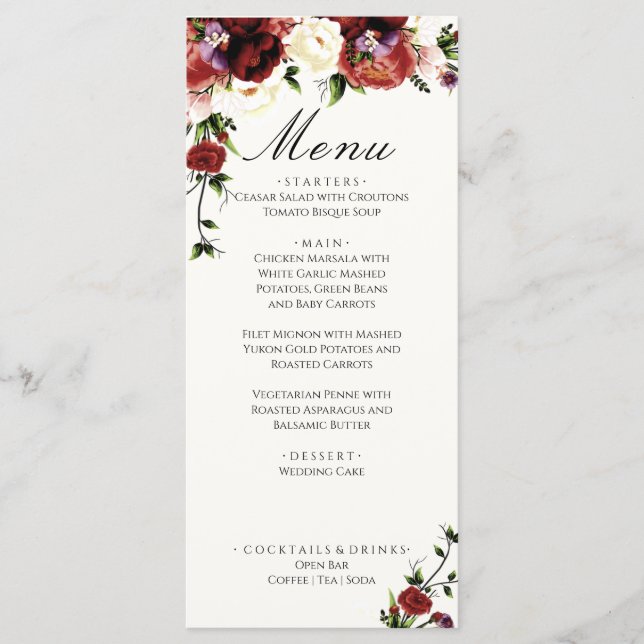 Flowers Terracotta Cream Burgundy Wedding  Menu (Front)