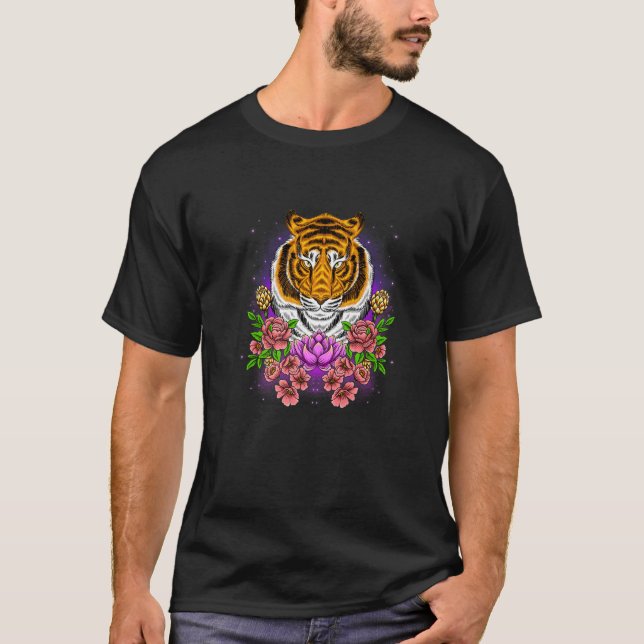 Flowers Tiger, Animal Lover, Floral Tiger Funny Wi T-Shirt (Front)