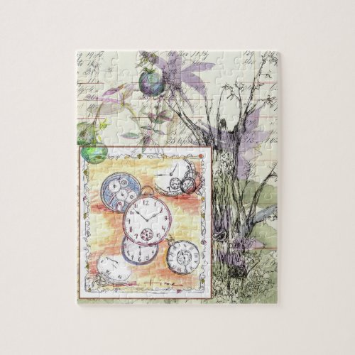 Flowers Time Vintage Pocket Watch Drawing Jigsaw Puzzle