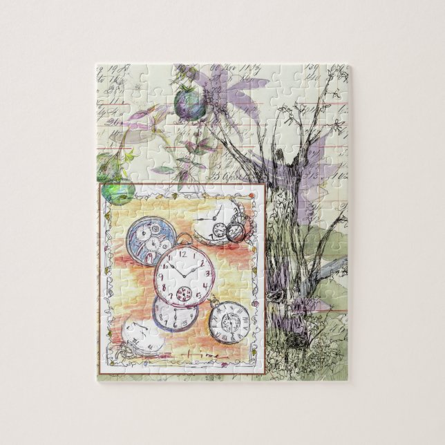 Flowers Time Vintage Pocket Watch Drawing Jigsaw Puzzle (Vertical)