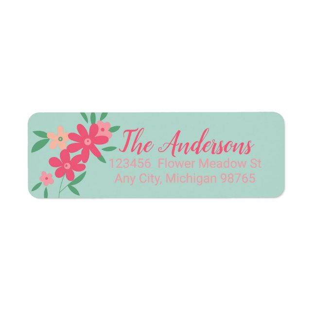 Flowers Tiny Teal Shades Pink Flower Motif Label (Front)