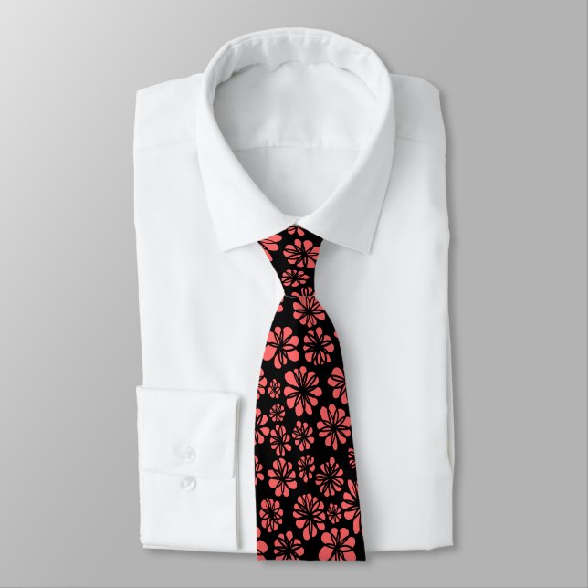 Flowers - Tropical Pink on Black Neck Tie (Tied)