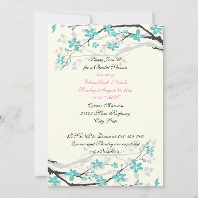 Flowers turquoise, hot pink wedding bridal shower invitation (Front)