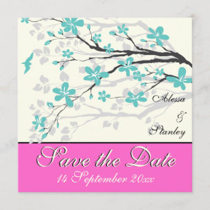 Flowers turquoise, hot pink wedding Save the Date Invitation
