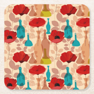 Flowers, vases and bottles pattern square paper coaster