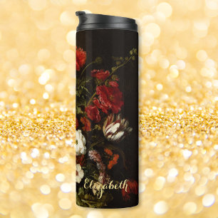 Flowers Vintage Floral Art Elegant Gold Monogram Thermal Tumbler
