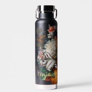 Flowers Vintage Floral Art Faux Gold Monogrammed Water Bottle
