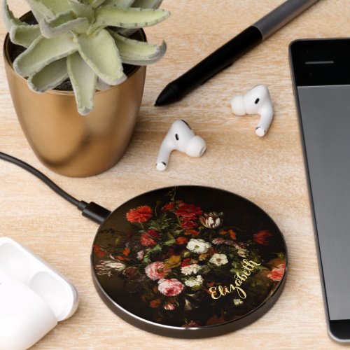 Flowers Vintage Floral Vintage Art Gold Monogram Wireless Charger