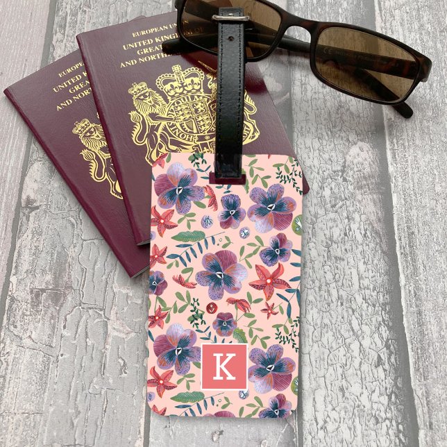 Flowers Violets floral all-over print monogram Lug Luggage Tag (Flowers Violets floral all-over print monogram Lug Luggage Tag)