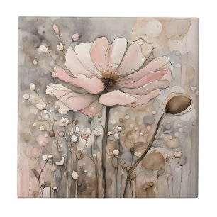 Flowers Watercolor Abstract Beige Pink Ceramic Tile