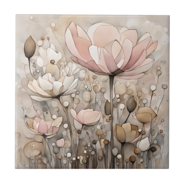 Flowers Watercolor Abstract Beige Pink Ceramic Tile (Front)