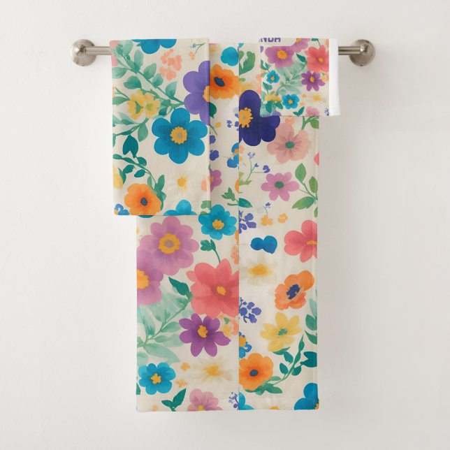 Flowers Watercolor Colorful Personalized Pattern Bath Towel Set (Insitu)