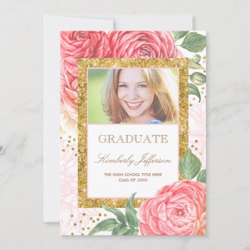Flowers Watercolor Gold and Pink Photo Graduation Invitation