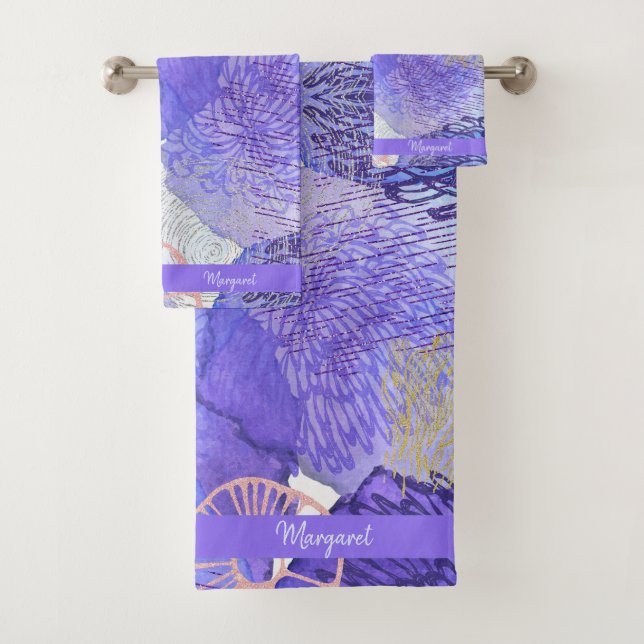 FLOWERS WATERCOLOR PURPLE BATH TOWEL SET (Insitu)