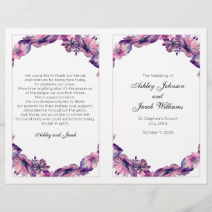 Flowers wedding program. Purple church ceremony