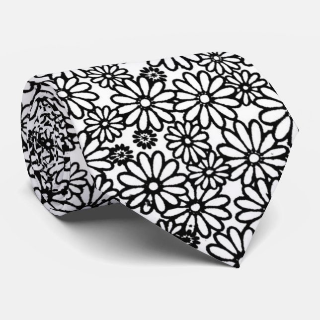 FLOWERS -WHITE-BLACK NECK TIE (Rolled)