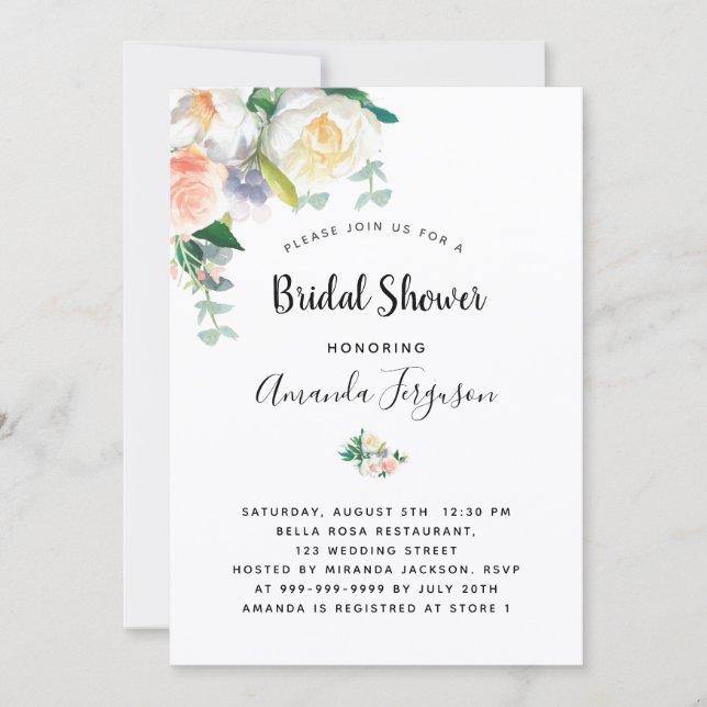 Flowers white rose gold pink bridal shower invitation (Front)