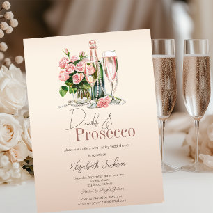 Flowers Wine Pearls Prosecco Beige Bridal Shower  Invitation