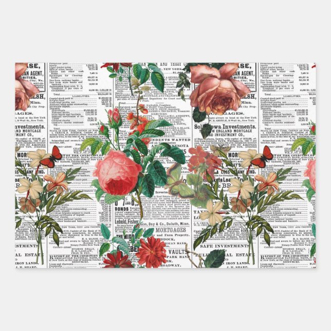 Flowers With A Newspaper Background Wrapping Paper Sheets (Front)