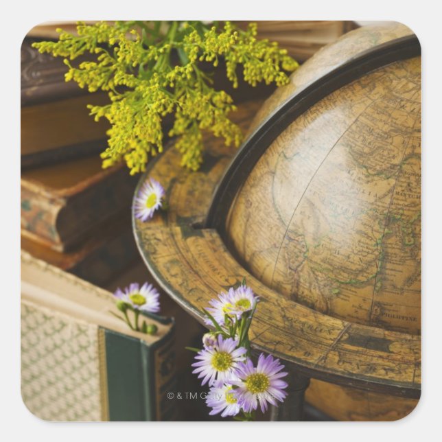 Flowers with antique globe and books square sticker (Front)