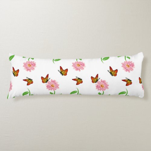 flowers with butterflies on a white background body pillow