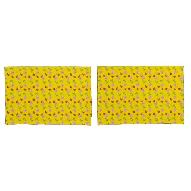  flowers with butterflies on a yellow background pillow case (Front-Set)