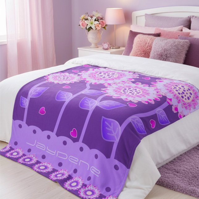 Flowers With Hearts In Purple & Pink Fleece Blanket (Love pink & purple? Then this is waiting for you. Customize it for yourself or create a pretty gift.)