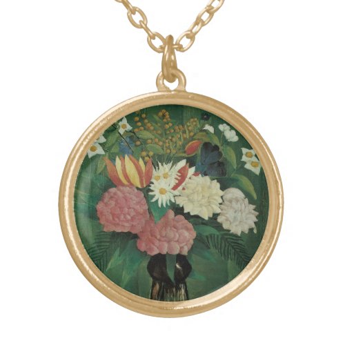 Flowers with Ivy by Henri Rousseau Vintage Floral Gold Plated Necklace