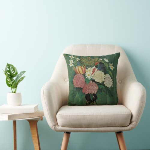 Flowers with Ivy by Henri Rousseau Vintage Floral Throw Pillow