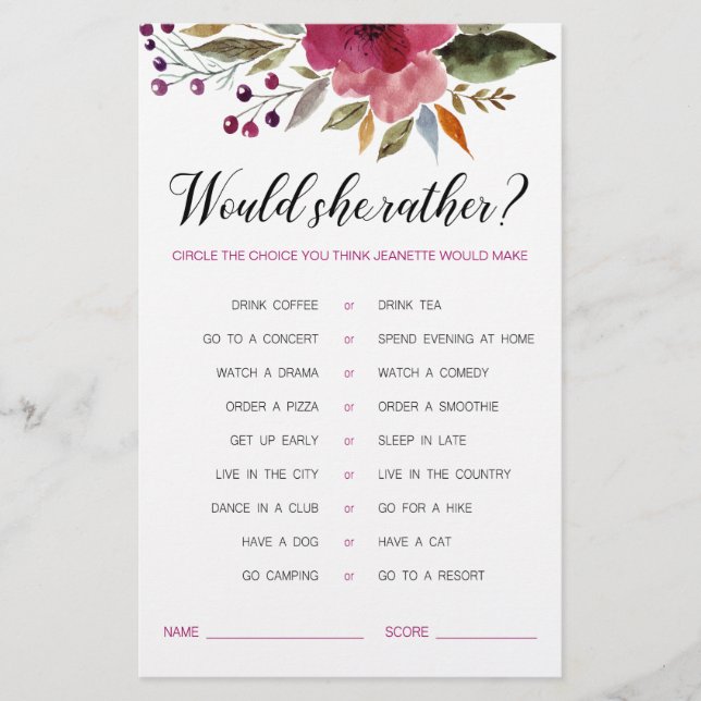 Flowers Would She Rather Bridal Shower Game (Front)