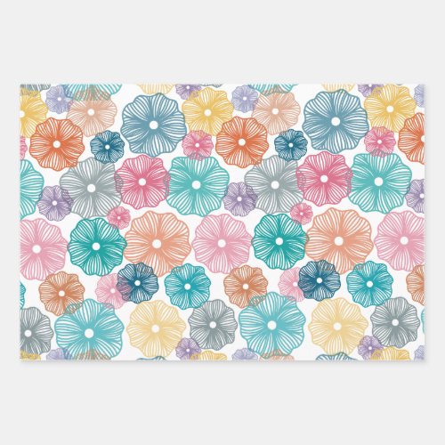 Flowers Wrapping Paper Flat Sheet Set of 3