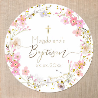 flowers wreath Baptism Classic Round Sticker